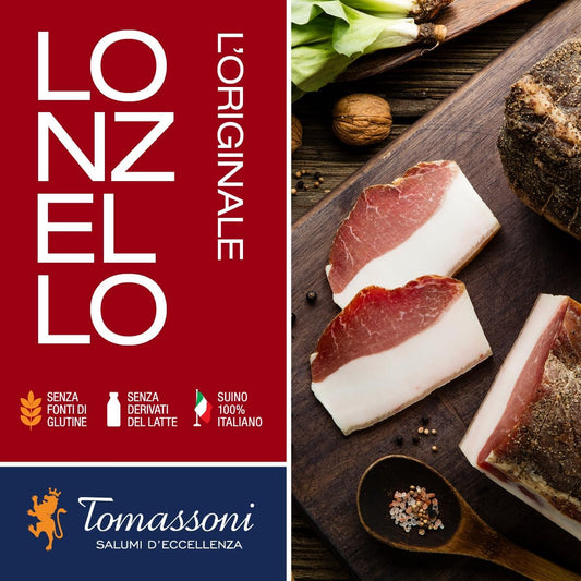 Tomassoni PORK LOIN, Lonzello, gluten-free and lactose-free, 100% italian artisan product, gourmet specialities from the marche region, vacuum-packed slice 600g